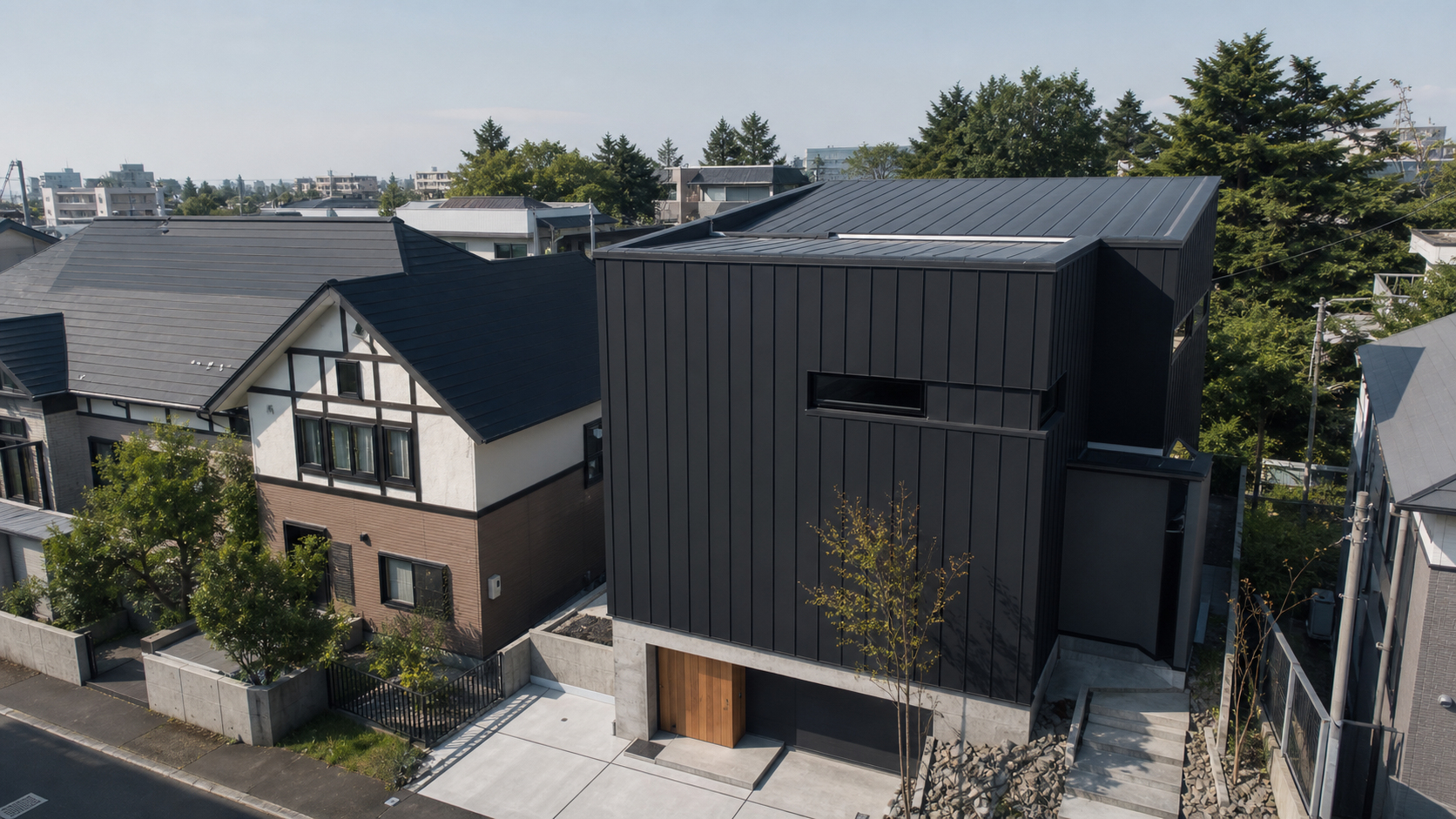 黒い金属外壁のモダンな住宅