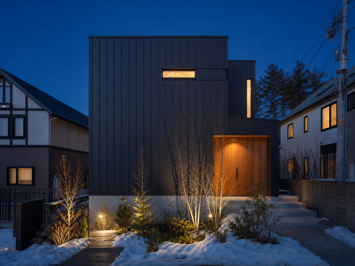 雪景色に建つ黒い外壁の住宅