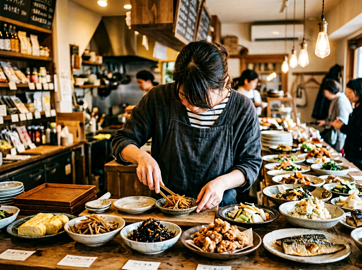 お惣菜を並べるスタッフ